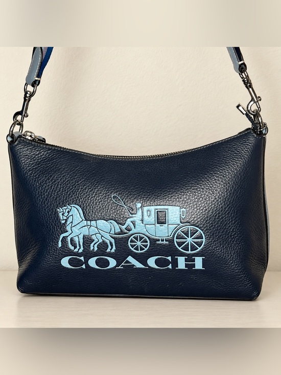 Coach Handbags - Coach Navy Pebbled Leather Horse & Carriage Crossbody Bag Striped Strap